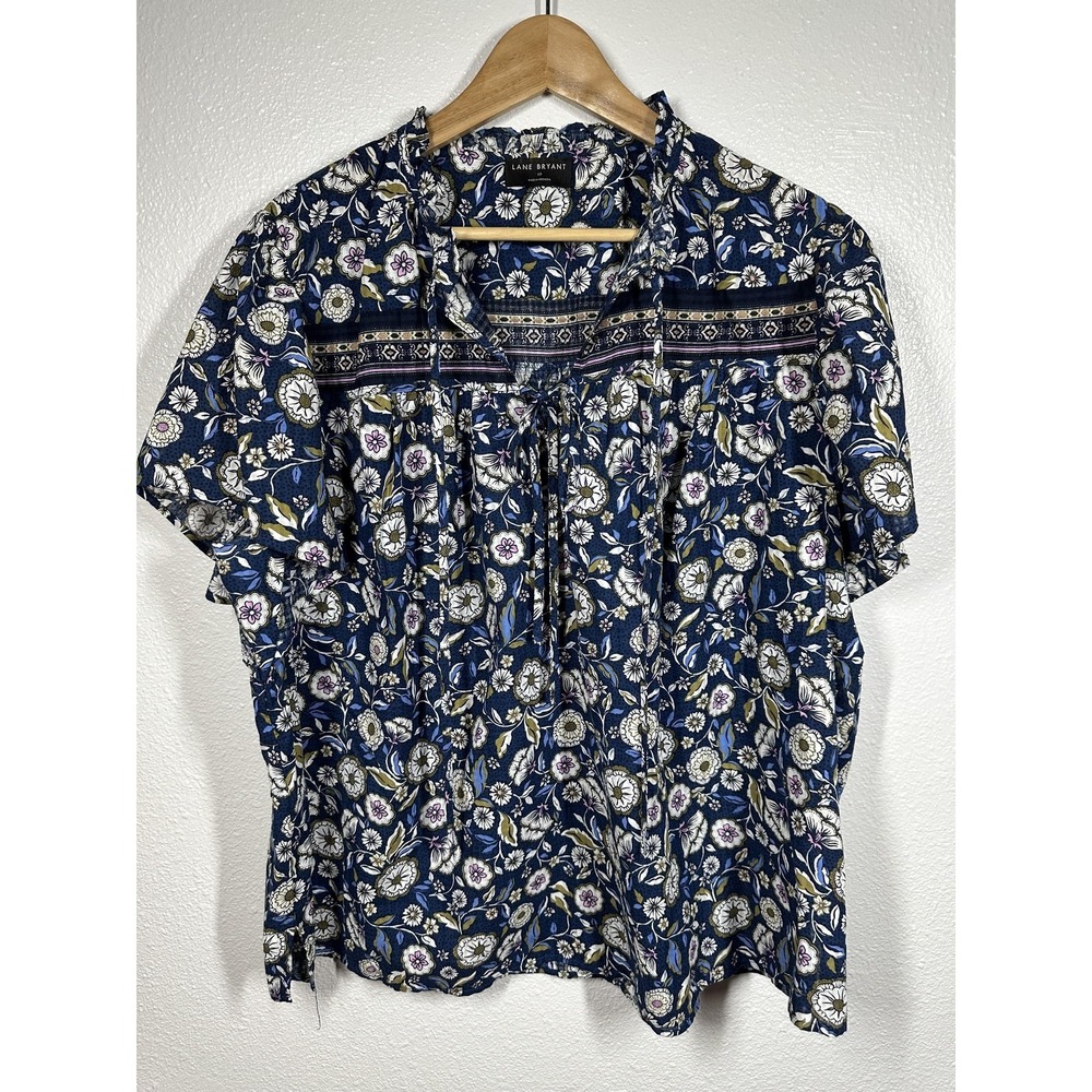 Lane Bryant Shirt Womens 18 Blue Floral Boho Peasant Tie Neck Short Sleeve Top - Picture 6 of 6
